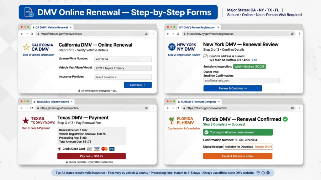 DMV application form for license renewal online steps by state