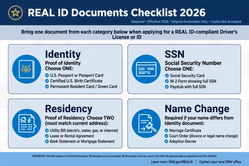  REAL ID compliance documents checklist for DMV renewal 2026