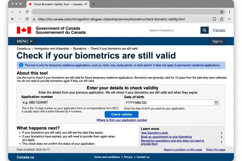  Canada immigration biometric validation link official IRCC tool