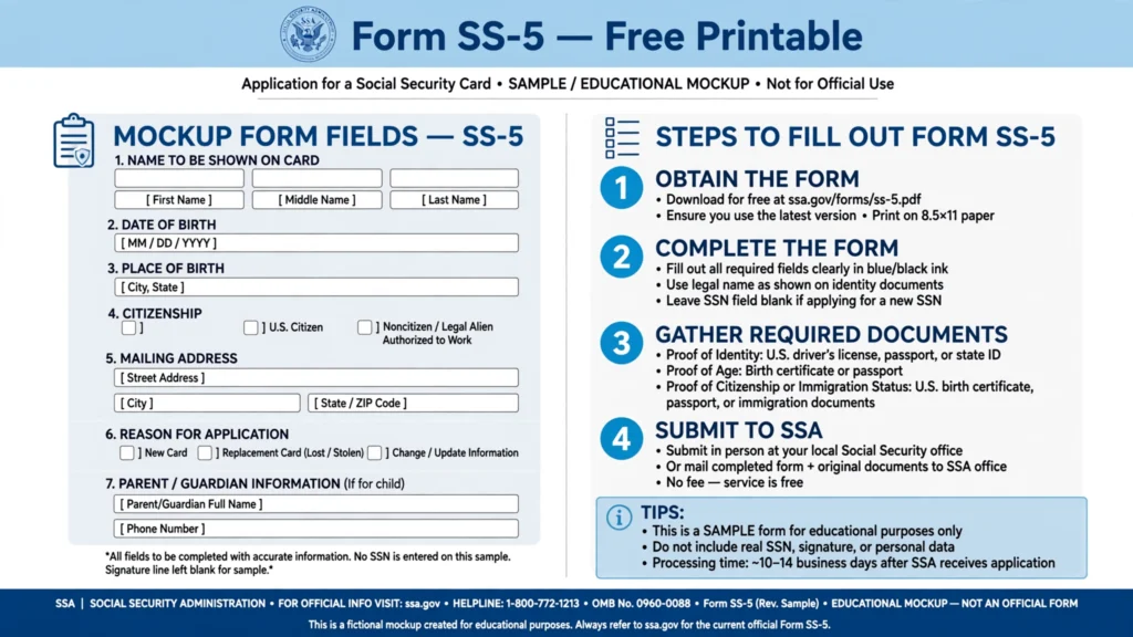 Free printable social security card application form SS-5 steps